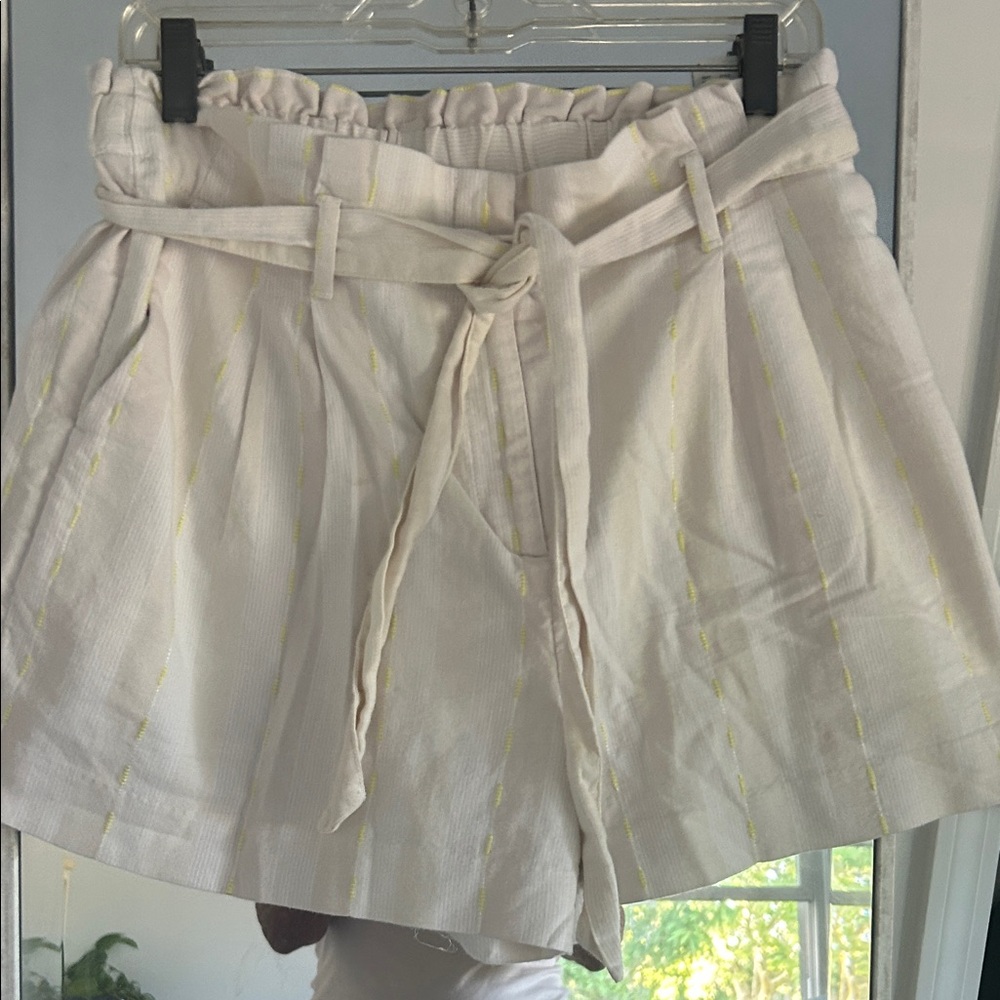 LOFT Cream High-Waist Paperbag Shorts with Yellow Stitching